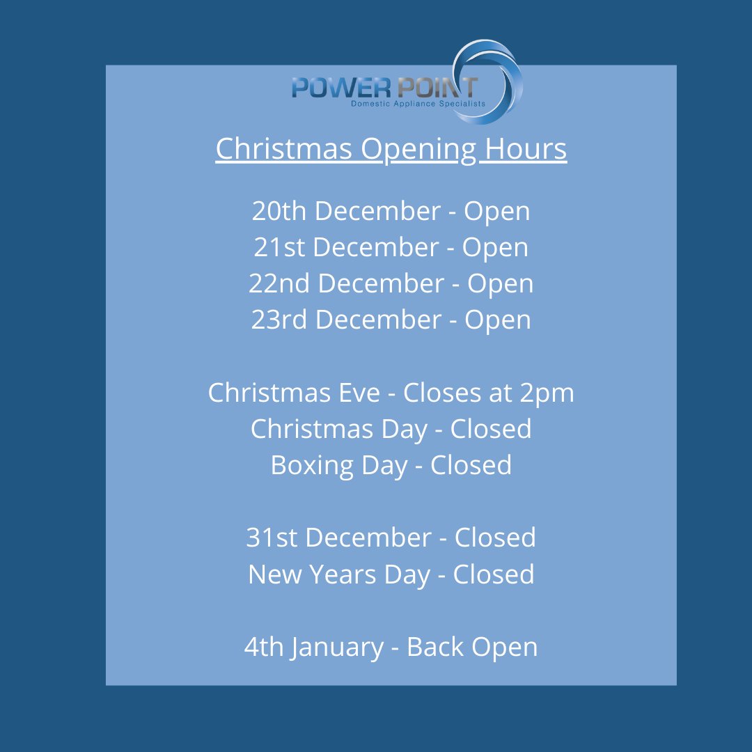 PowerPointGlos's tweet photo. 🎄 Power Point's Christmas Opening Hours🎄 

https://t.co/shlvXYLSwC

#Powerpoint #Appliances #WashingMachine #Dishwasher #HomeAppliances #Glos #ApplianceRepairs #HomeImprovement https://t.co/GORBhyCLi7