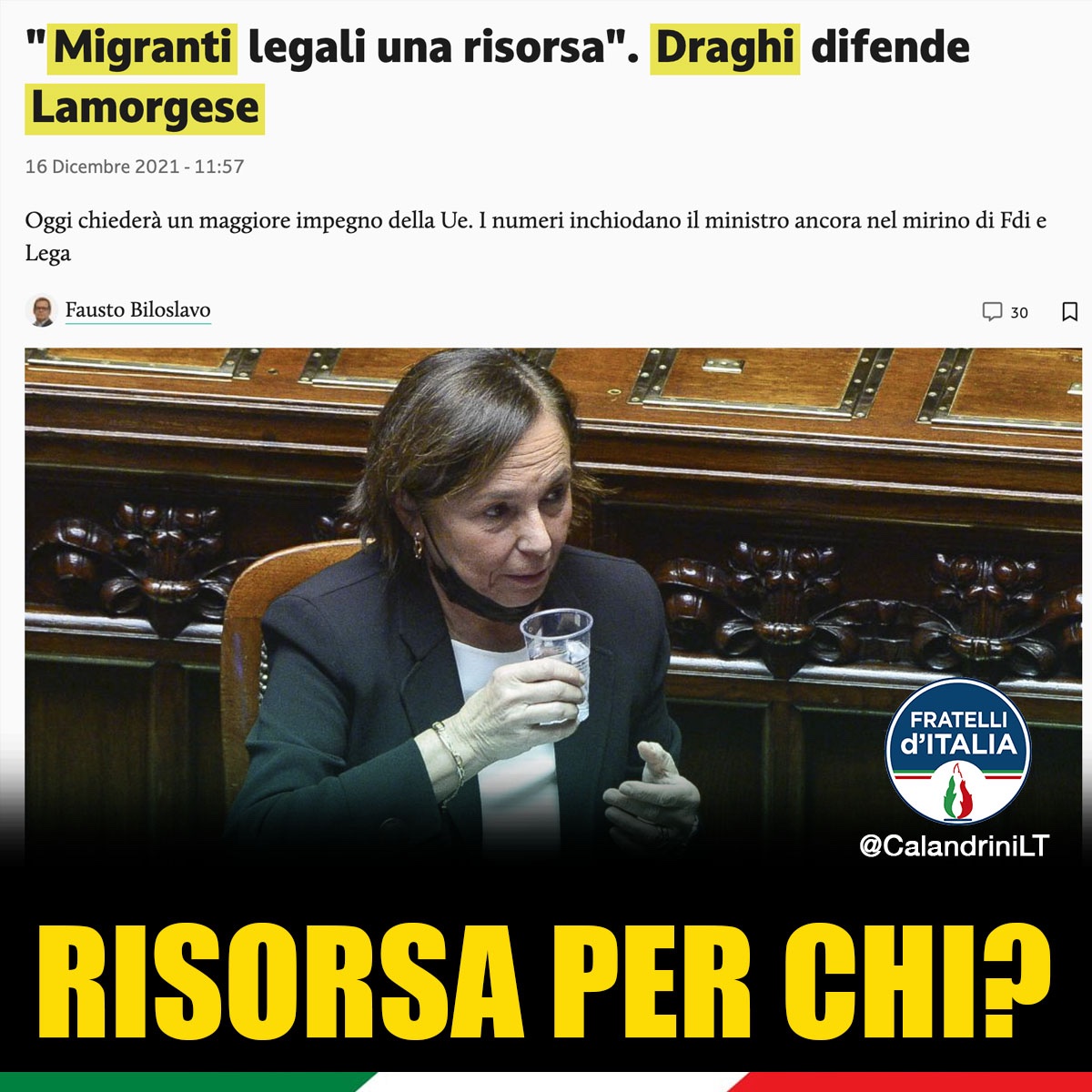 calandriniLT's tweet photo. I migranti sono una risorsa per chi? Per gli scafisti? Per chi lucra sulla loro disperazione? Per chi si ostina a difendere il ministro #Lamorgese?

#FratellidItalia @FratellidItalia https://t.co/JMINe89EnY