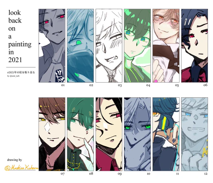 # 2021年の絵を振り返る
❤️🧡💚おべみver.💙💜🖤
(レヴィ以外版のはずが11月はレヴィしか描いてなかったので許してください) 