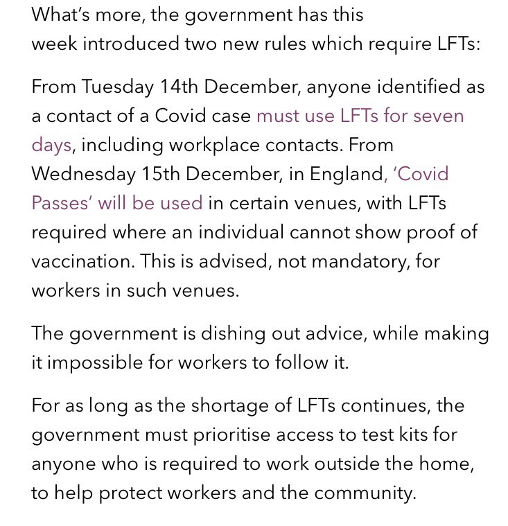 Workers who cannot work from home must have priority access to Lateral Flow Tests for as long as there is a shortage