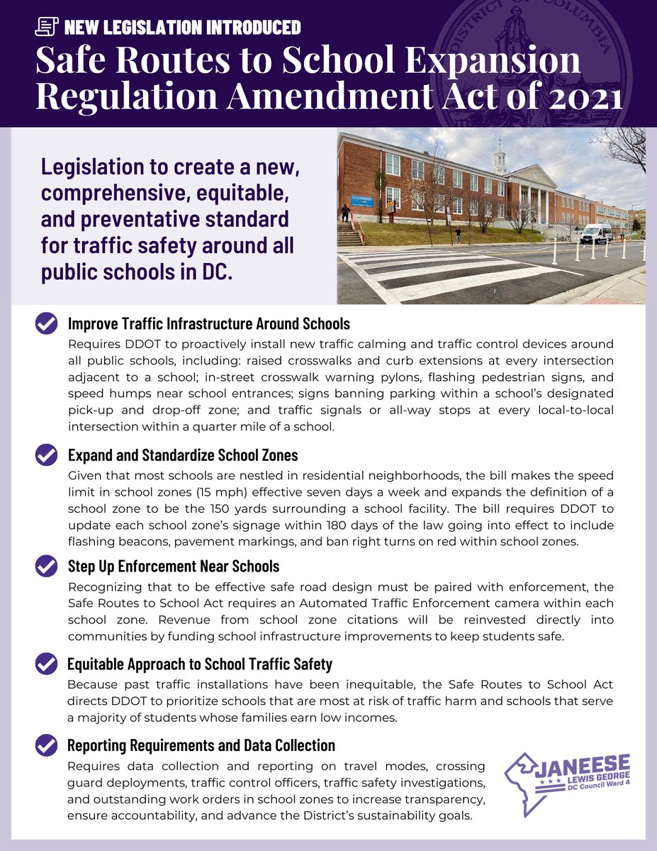 Graphic detailing the provisions of the Safe Routes to School Act, which include improving traffic infrastructure around schools, expanding and standardizing school zones, stepping up enforcement near schools, an equitable approach to school traffic safety, and reporting requirements and data collection.