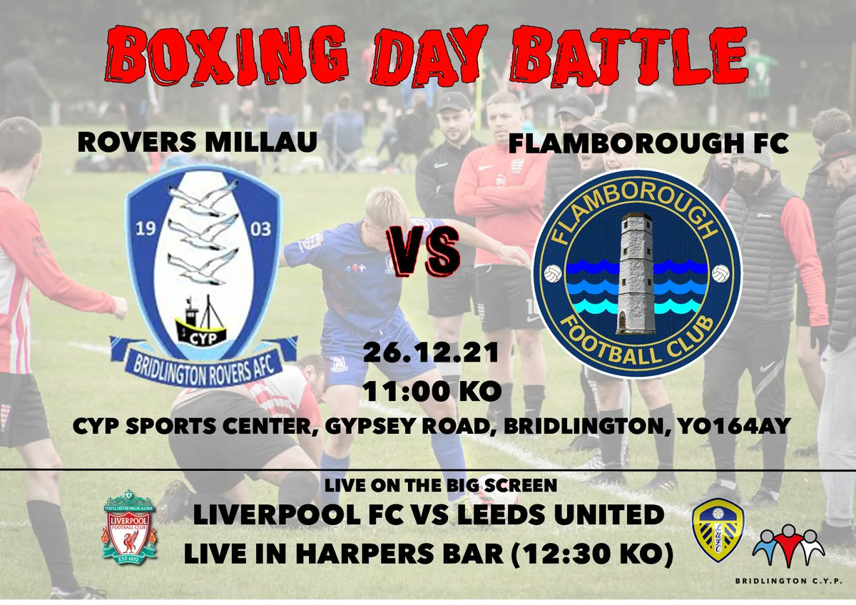 MILLAU V FLAMBOROUGH

Charity "boxing day battle" 

We're pleased to announce a long awaited fixture that the fans have been wanting to see for some time

Please come show your support 
<a href="/Flamboroughfc/">Flamborough FC</a> 🤝