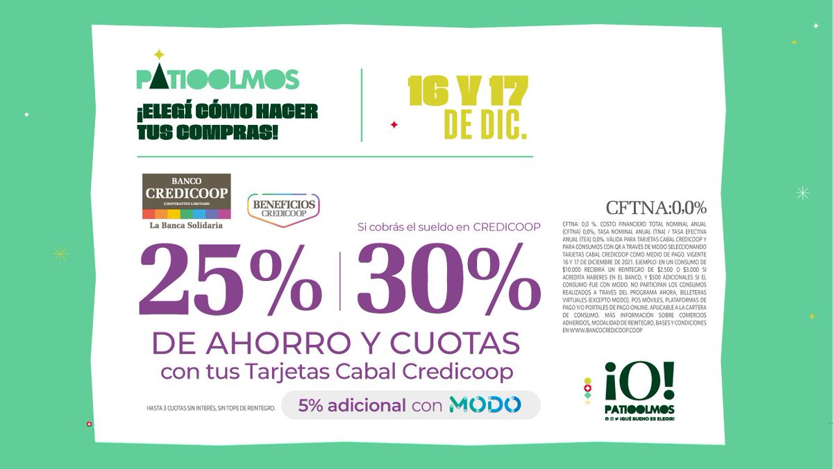 Hoy y mañana.
¡Elegí cómo hacer tus compras con #BancoCredicoop en #PatioOlmos! 🛍
Consultá los locales adheridos en patioolmos.com/oferta/credico…