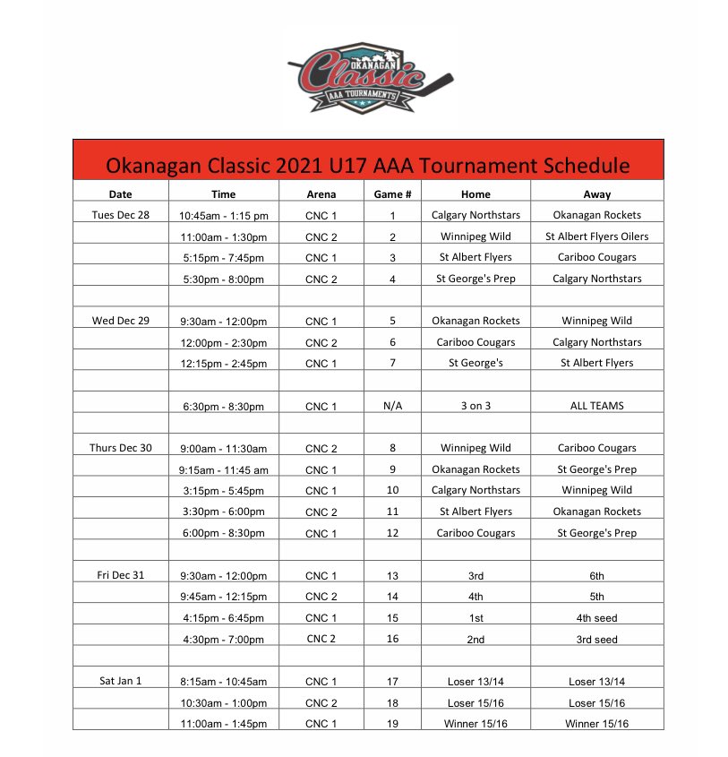 Here is the draw for U16/17AAA that gets going Dec 28th in Kelowna!