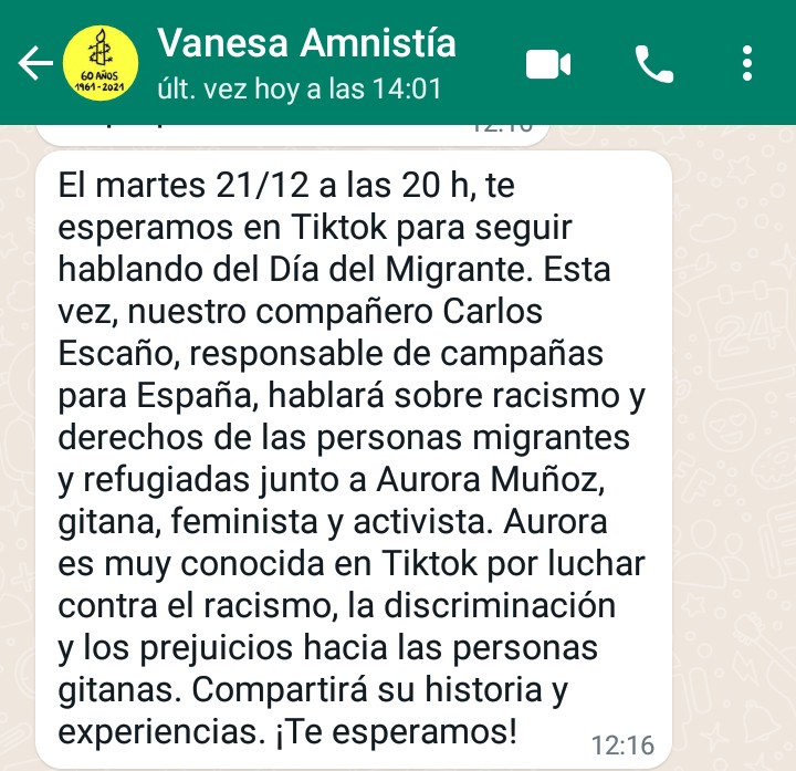 El próximo martes 21 a las 20h directo en tik tok con mis compañeros de <a href="/amnistiaespana/">Amnistía Internacional España</a> que hablaran del día del migrante, lo que entraña serlo y del racismo hacia el pueblo gitano y en general.
No te lo pierdas!