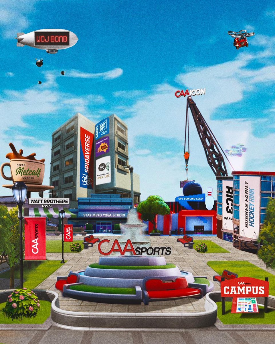 FOS's tweet photo. CAA Sports will launch its own metaverse experience inside 'The Sandbox': CAA Campus 🌐

Attractions include:

➖ Metcalf Coffee
➖ Spidaverse
➖ CP3 Bowling Alley
➖ Watt Brothers Gym
➖ D. Bookstore
➖ Stay Me7o Yoga Studio
➖ Hughes Family Hockey Rink
➖ Wade Cellars Vineyard https://t.co/OnnbBMV4ME