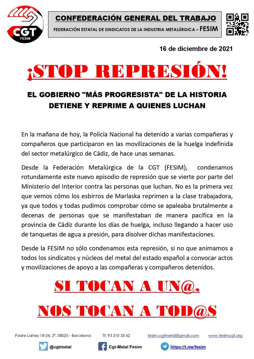 #StopRepresión 
#MetalCadiz 
#huelgametalcádiz