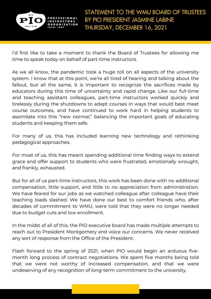 You can see the text of President LaBine’s passionate address to the board of trustees regarding WMU president Ed Montgomery’s large bonus and retroactive raise below 1/2