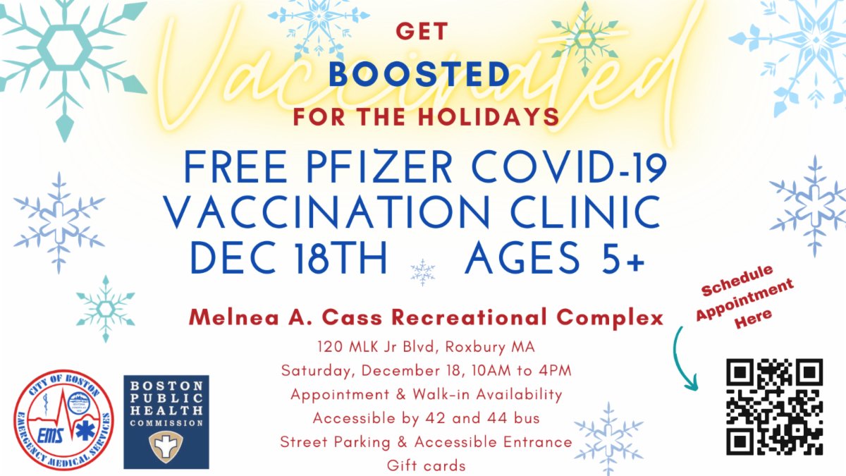 MACinBoston's tweet photo. Are you vaccine-ready for the holidays? Still need your COVID-19 vax or booster? Get them on Sat, 12/18/21 from 10a-4p at the Melnea A. Cass Recreation Complex! They'll be offering the Pfizer COVID-19 vaccines &amp; boosters for ages 5+! Registration is available, but not required. https://t.co/oRZ7E4uoI5