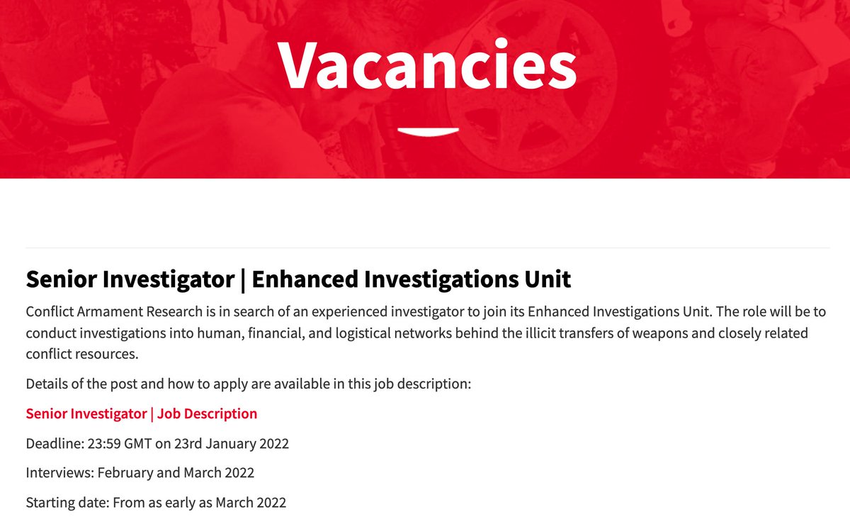 Come and join CAR’s growing team. CAR is hiring for a Senior Investigator to join our Enhanced Investigations Unit. Deadline is 23 January 2022. conflictarm.com/vacancies/