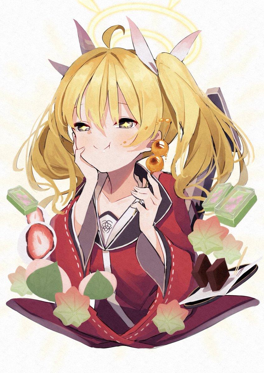 1girl food blonde hair twintails solo halo eating  illustration images