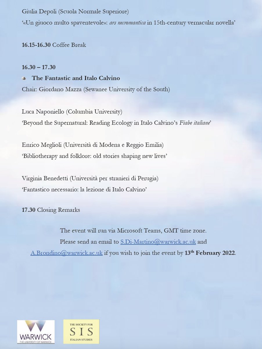 Dr Simona Di Martino (@simodima1) on Twitter photo Want to dive into the Italian Fantastic? Want to challenge the Italian Realism? Want to know more about Italian Folklore? Register to the <a href="/SISpostgraduate/">SIS Postgraduate</a> Colloquium, taking place 18th February 2022 via Teams. <a href="/andrea_brondino/">Andrea Brondino</a> and I from <a href="/WarwickItalian/">Warwick Italian</a> will be there! Want to dive into the Italian Fantastic? Want to challenge the Italian Realism? Want to know more about Italian Folklore? Register to the <a href="/SISpostgraduate/">SIS Postgraduate</a> Colloquium, taking place 18th February 2022 via Teams. <a href="/andrea_brondino/">Andrea Brondino</a> and I from <a href="/WarwickItalian/">Warwick Italian</a> will be there!