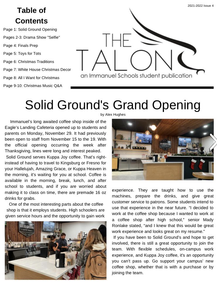ImmanuelbyFaith's tweet photo. Have you read the latest issue of The Talon?  Click here:  https://t.co/QO6PY1xxnC, great job journalism class!!
#GoEagles #Unashamed #ReadAllAboutIt #SchoolPaper https://t.co/UvQmF9YWpc
