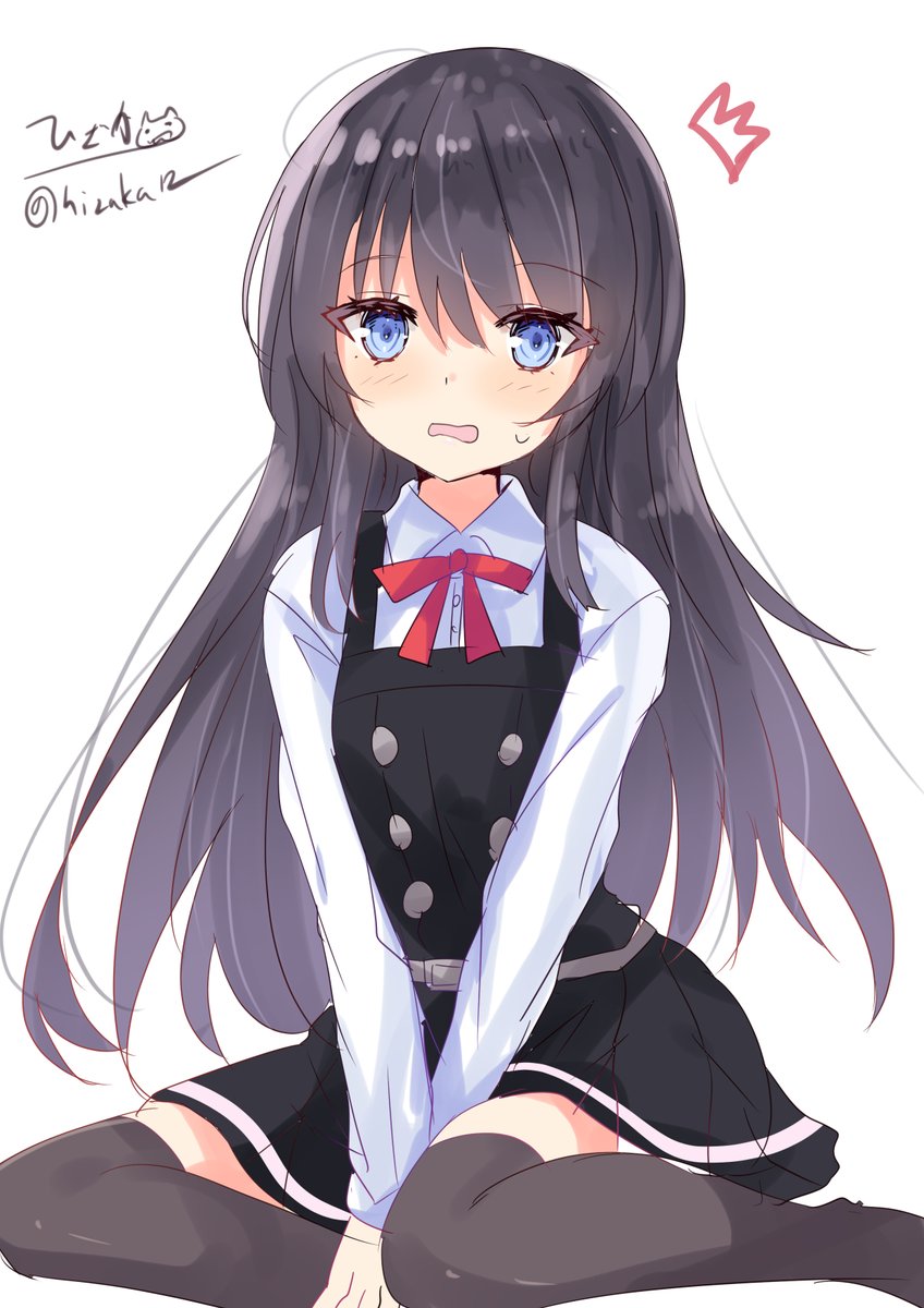 asashio (kancolle) ,asashio kai ni (kancolle) 1girl long hair solo black hair blue eyes thighhighs pinafore dress  illustration images