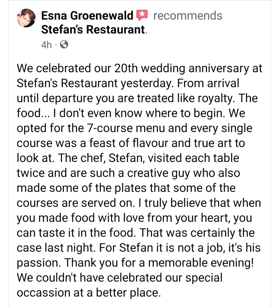 ErinvaleHotel's tweet photo. Day made! What a fantastic recommendation for Stefan’s Restaurant received on Facebook. Have you booked your table yet? Come dine with us. 🍷🍴🥂
#ErinvaleHotel #Stefans #restaurant #dining https://t.co/Z9jiY5GQ4r