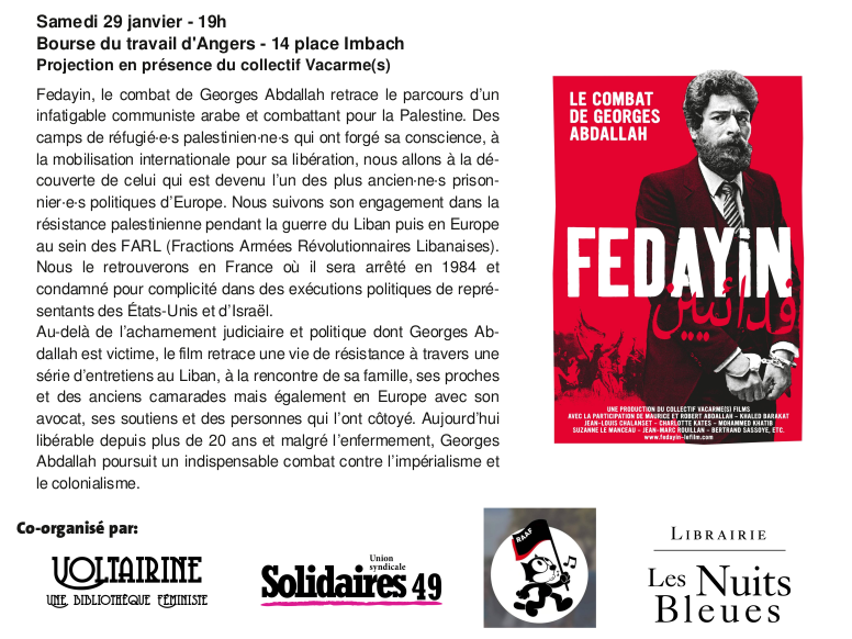 AngersRaaf's tweet photo. 🥁Week-end internationaliste à #Angers les 28 et 29 janv à la Bourse du travail.
Au prog : la situation des femmes au #Rojava avec @depuislarev puis la vie du prisonnier politique #GeorgesIbrahimAbdallah.
Une co-org avec @solidaires49, #BibliothèqueVoltairine,@_NuitsBleues ! https://t.co/59ytJPT7cR
