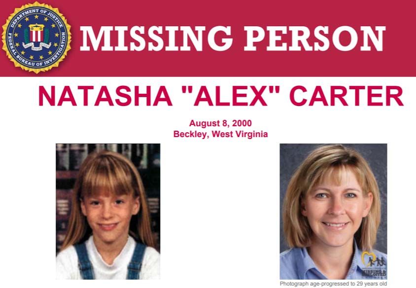 FBIMostWanted's tweet image. The #FBI offers a reward of up to $10,000 for info leading to the recovery of Natasha "Alex" Carter and the identification, arrest, and/or conviction of the person responsible for her disappearance from Beckley, West Virginia, on August 8, 2000: fbi.gov/wanted/kidnap/…