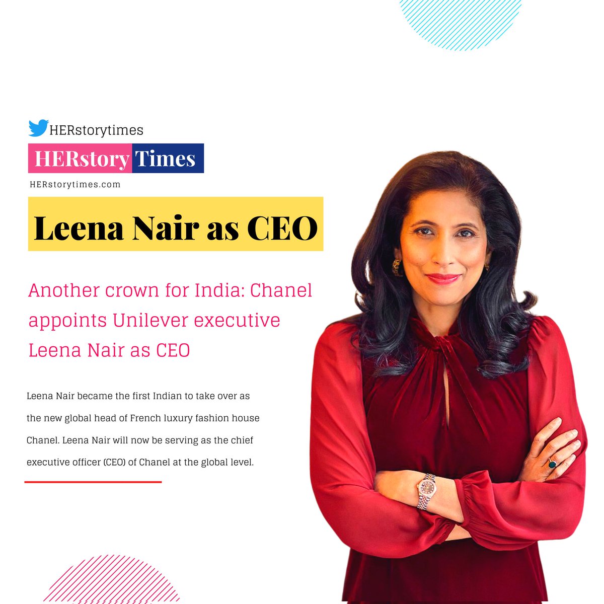 Congratulations <a href="/LeenaNairHR/">Leena Nair</a>
More Power and more Celebrations to You 🥇💫
#LeenaNair #GlobalCEO #Frenchfashion #CEO #HERstorytimes #Fromherwords #FemaleFounders #HERstorytime