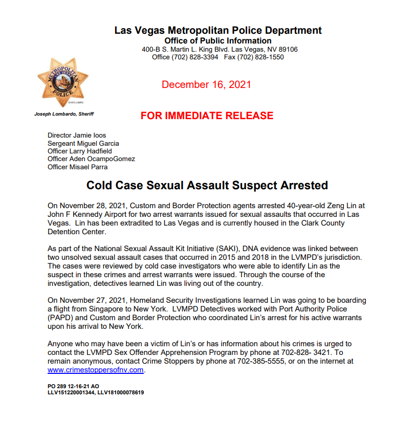 LVMPD's tweet photo. Cold Case Sexual Assault Suspect Arrested: 
40-year-old Zeng Lin has been arrested for two sexual assault cases that occurred in 2015 and 2018.  Please read the attached document for more information. 

@CrimeStoppersNV @HSILasVegas @HSINewYork https://t.co/un0n105Ayz