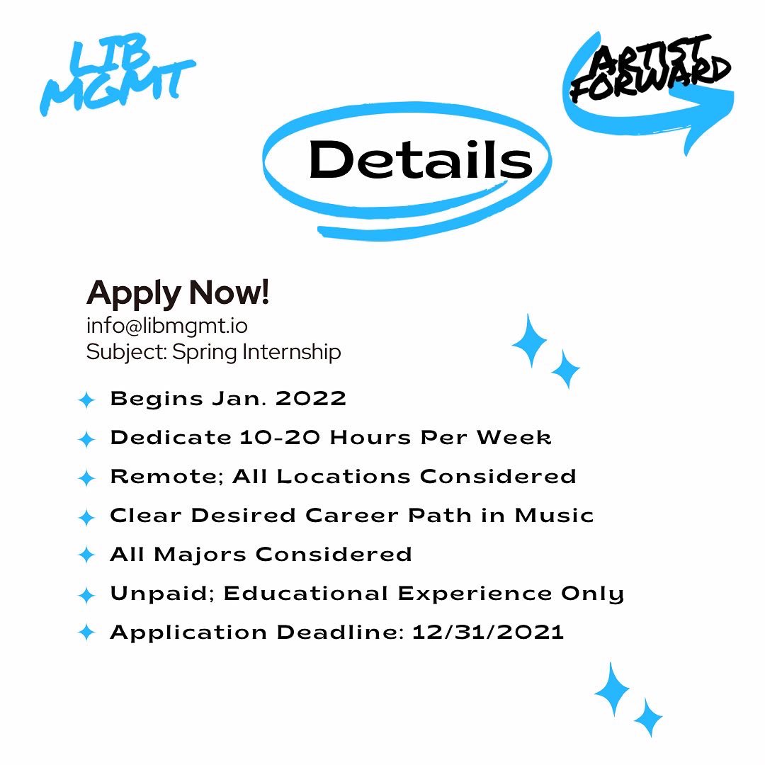 We’re very excited to announce we will begin a recurring internship program in 2022! 

Our goal is to help prepare aspiring music professionals for sustainable careers through hands on experience &amp; mentorship📝

Please follow application instructions listed in the post✨
