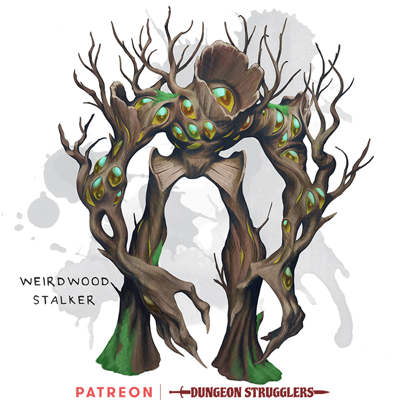 🌱New Monster!🌱
Weirdwood Stalker
Large plant, lawful evil
——
Weirdwood stalkers are treant-like creatures of wood with humanoid forms. Their grotesque bodies ...
patreon.com/posts/weirdwoo…

#dnd #dnd5e #dungeonsanddragons #5e #dndmonster #dndart  #illustrationart  #fantasyart #art