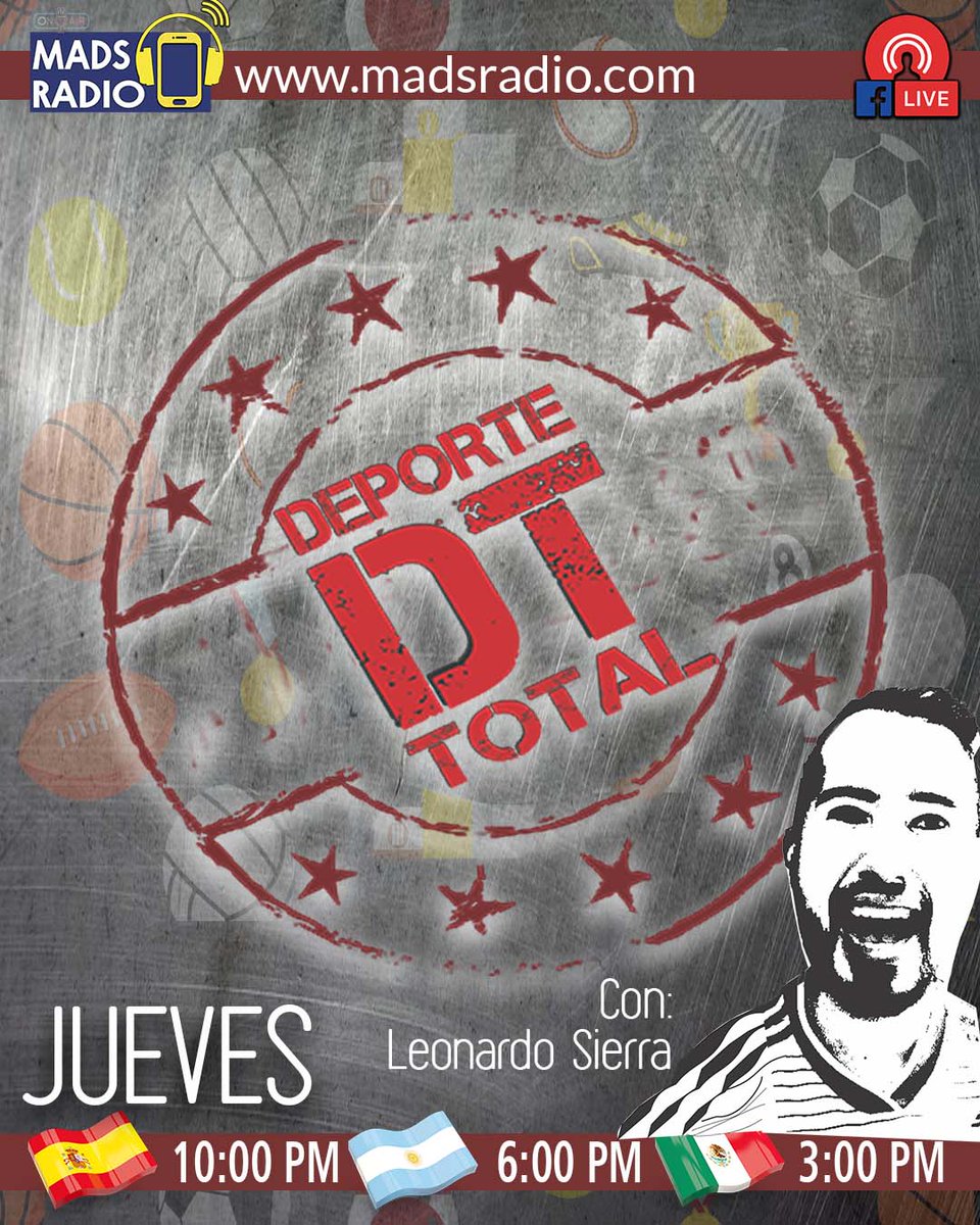 MadsSPE's tweet photo. Toda la actualidad deportiva mundial, análisis, risas y mucho más, solo en "Deporte Total Pasión Mundial" todos los jueves en Mads Radio ¡No te lo pierdas! ⚽️🥎🏐🏀🏈
#DeporteTotal #PasiónMundial #juevesdeportivo #Madsradio https://t.co/wYd60hQqL9