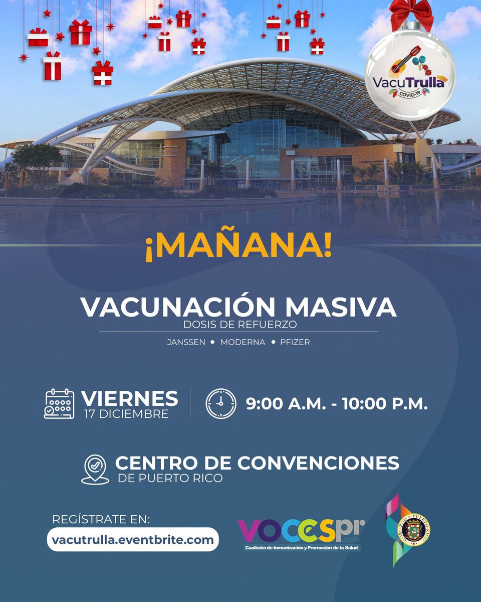 Mañana viernes la #VacuTrulla llega al Centro de Convenciones para vacunación contra el COVID-19 y refuerzos de Pfizer o Moderna, y Janssen.  

🕘 9:00am a 10:00pm

Protégete a ti y a los tuyos. ¡Te esperamos! 🙌