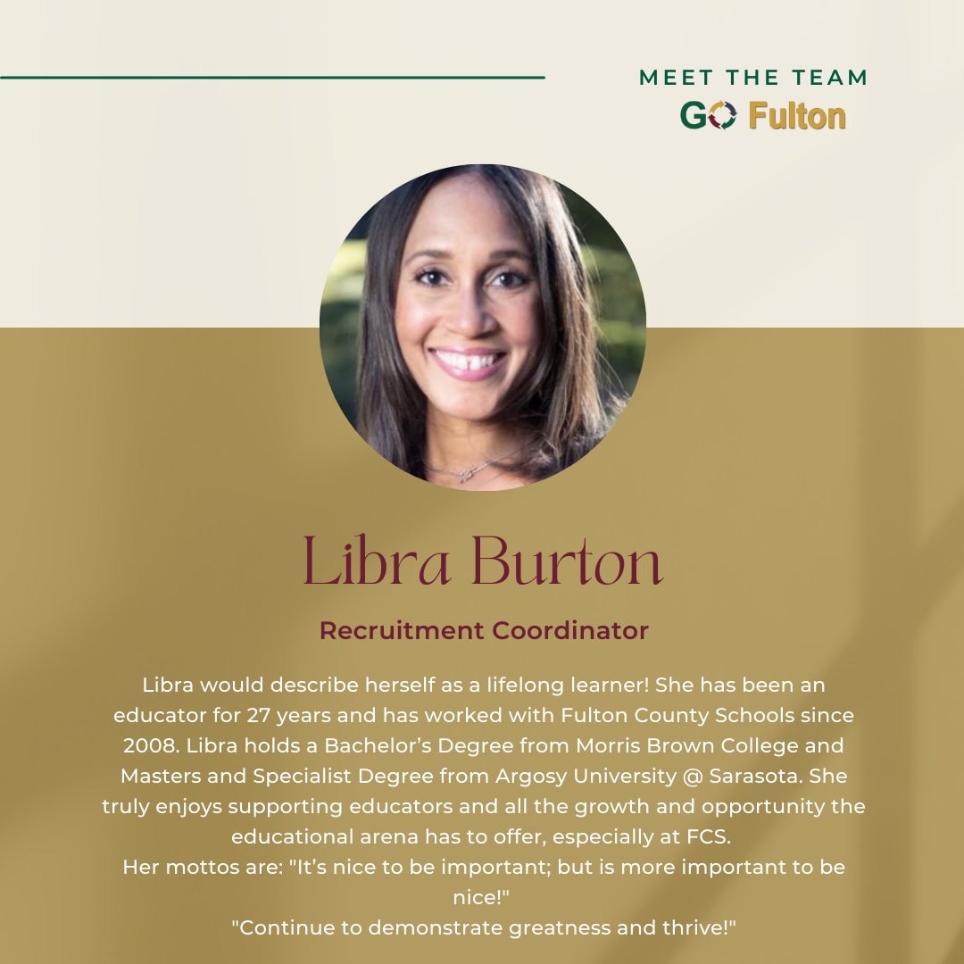 GO Fulton Recruiting (@go_fulton) on Twitter photo Meet Libra! Her focus is recruitment for teachers, paraprofessionals, and other instructional roles. #Recruit <a href="/FultonCoSchools/">FultonCountySchools</a> Meet Libra! Her focus is recruitment for teachers, paraprofessionals, and other instructional roles. #Recruit <a href="/FultonCoSchools/">FultonCountySchools</a>