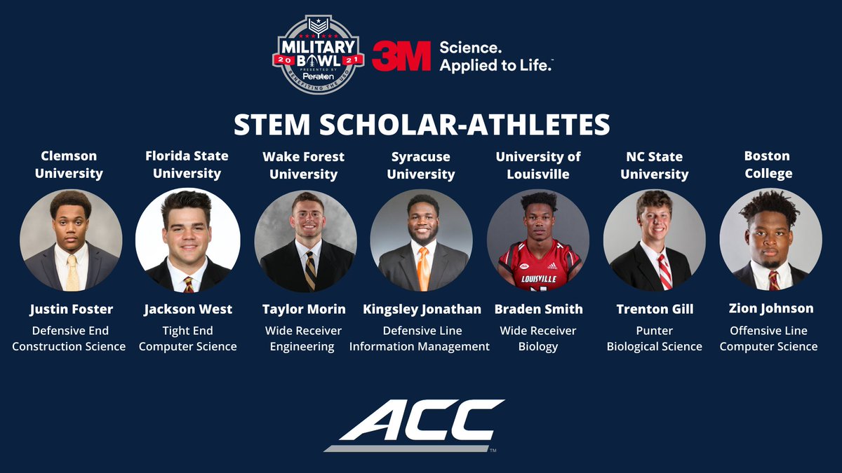 MilitaryBowl's tweet photo. The #MilitaryBowl & @3M are proud to announce the members of the Military Bowl 3M STEM Scholar-Athlete Program! Recognizing some of the brightest minds taking the football field this fall in the @theACC & the @American_Conf! 🔬🥼🧪
📰https://t.co/DIH4SBYA9b https://t.co/TLfwgAaIbe