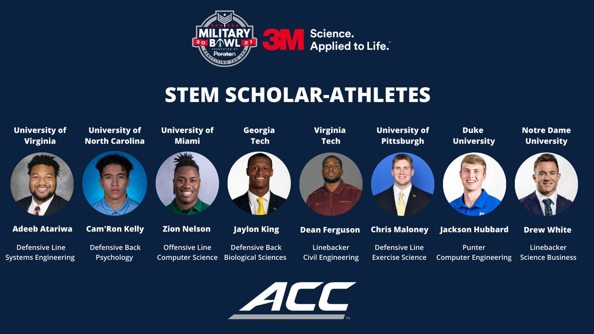 MilitaryBowl's tweet photo. The #MilitaryBowl & @3M are proud to announce the members of the Military Bowl 3M STEM Scholar-Athlete Program! Recognizing some of the brightest minds taking the football field this fall in the @theACC & the @American_Conf! 🔬🥼🧪
📰https://t.co/DIH4SBYA9b https://t.co/TLfwgAaIbe