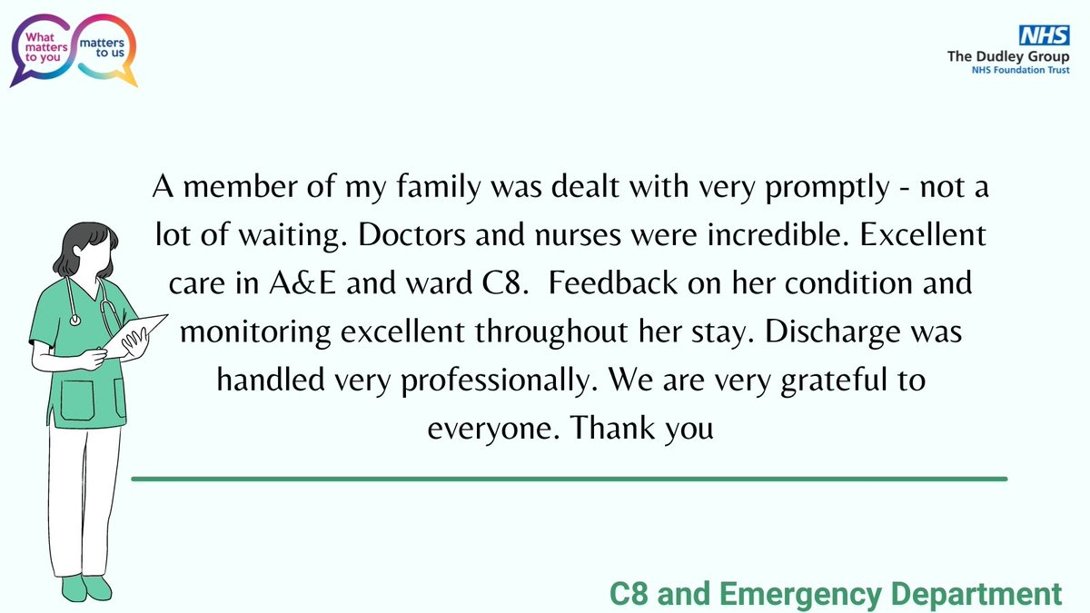 #TalkToUsTuesday Well done C8 and to our Emergency Department for providing excellent care and communication in both department. 👏🏽 @Sarahcauser5 @Clarke11Sarah @RachelWakeman5  @jillfaulkner65 @MarySextonNHS @DudleyGroupNHS @DudleyGroupCEO #WhatMattersToYou
