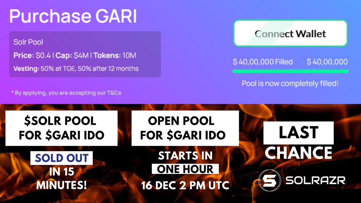 TheGariNetwork's tweet image. The @GariToken #IDO for the $SOLR community pool of 4M was completely filled in FIFTEEN minutes yesterday. 

Phase 2 SALE live now. Don&apos;t miss out on this #OnceInALifetime opportunity to grab $GARI in the #SolRazr FCFS OPEN Community round! LIVE NOW👇

solrazr.com/projects/ching…