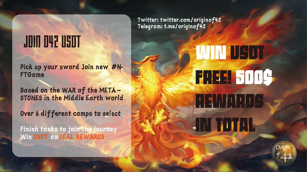 ORIGIN OF 42 (@originof42) on Twitter photo Glad to collab with <a href="/AirdropKingNews/">Airdrop King News</a> and post our reward bot🤖
Go telegram and go @OriginOf42AirdropBot
Complete tasks to win USDT!
Total 500 USDT as reward, may our lucky unicorn be with you🦄️Going to be the best Gamefi in 2022
#OriginOf42 #OriginOf42Airdrop #Gamefi #P2E Glad to collab with <a href="/AirdropKingNews/">Airdrop King News</a> and post our reward bot🤖
Go telegram and go @OriginOf42AirdropBot
Complete tasks to win USDT!
Total 500 USDT as reward, may our lucky unicorn be with you🦄️Going to be the best Gamefi in 2022
#OriginOf42 #OriginOf42Airdrop #Gamefi #P2E