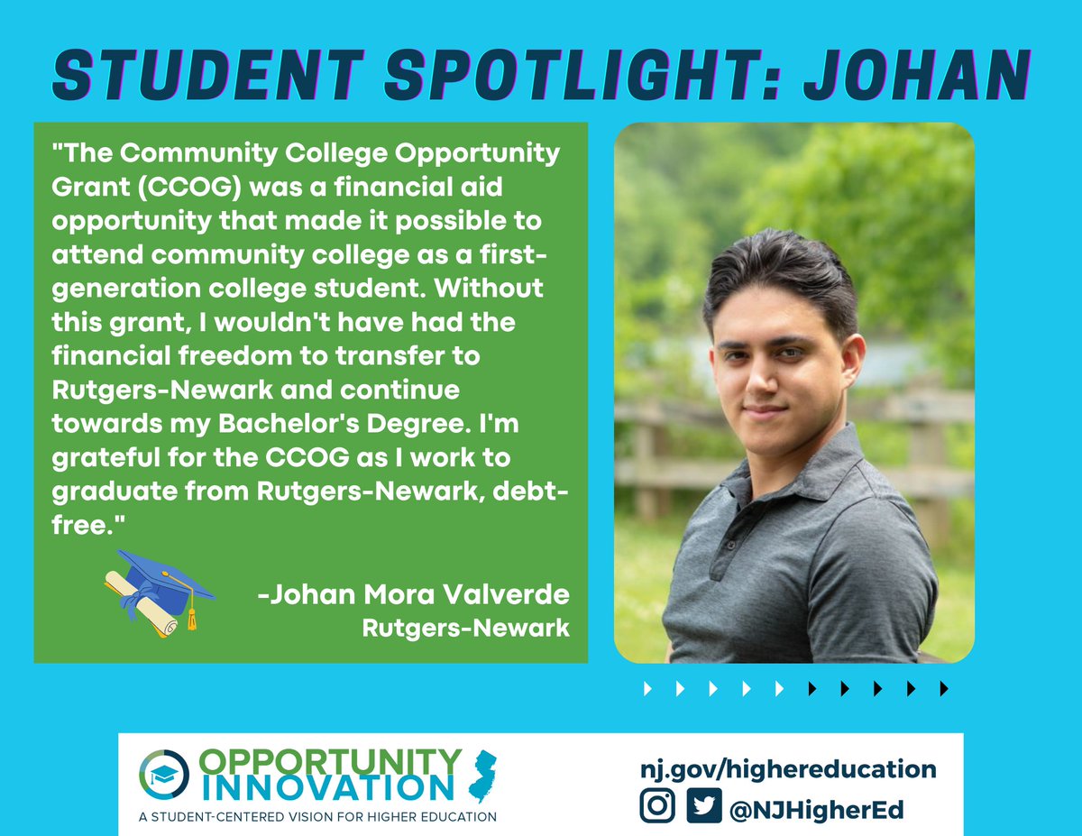 NJHigherEd's tweet photo. The Community College Opportunity Grant (#CCOG) made it possible for @dacaandme to attend college as a first-generation student.
"I'm grateful for the CCOG as I work to graduate from @Rutgers_Newark, debt-free."
#NJHigherEd #StudentSpotlight #HigherLearningHigherEarning https://t.co/KOZPYZQ1M2