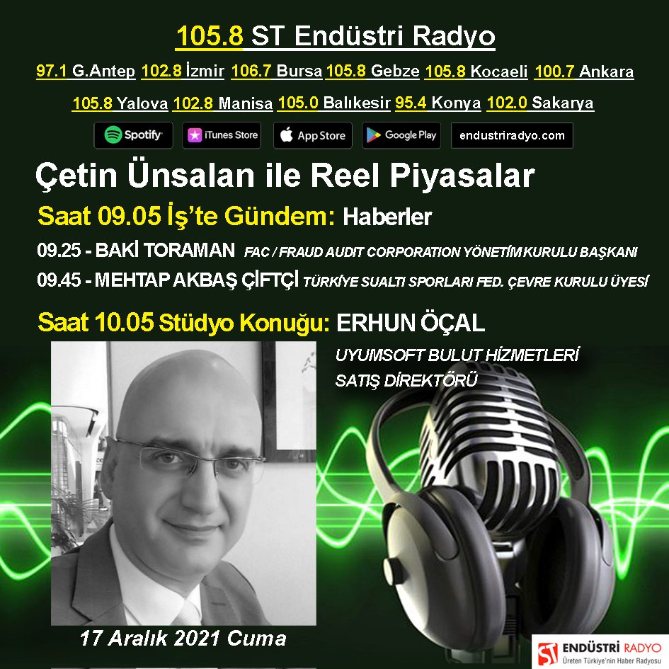 İstanbul; Kocaeli; Yalova; Gebze: 105.8 - Ankara: 100.7 - İzmir; Manisa: 102.8 - Bursa: 106.7 - Balıkesir: 105.0 - Konya: 95.4 - Sakarya: 102.0 - Gaziantep: 97.1 radyo.stendustri.com.tr/player-radyo/ ve dijitallerde <a href="/stendustriradyo/">ST Endüstri Radyo</a> <a href="/uyumsoft/">Uyumsoft Bilgi Sistemleri</a> <a href="/tssfgovtr/">Türkiye Sualtı Sporları Federasyonu</a> <a href="/reelpiyasalar/">ReelPiyasalar</a> <a href="/paraanaliz/">ParaAnaliz</a> <a href="/3genonline/">3gen</a>