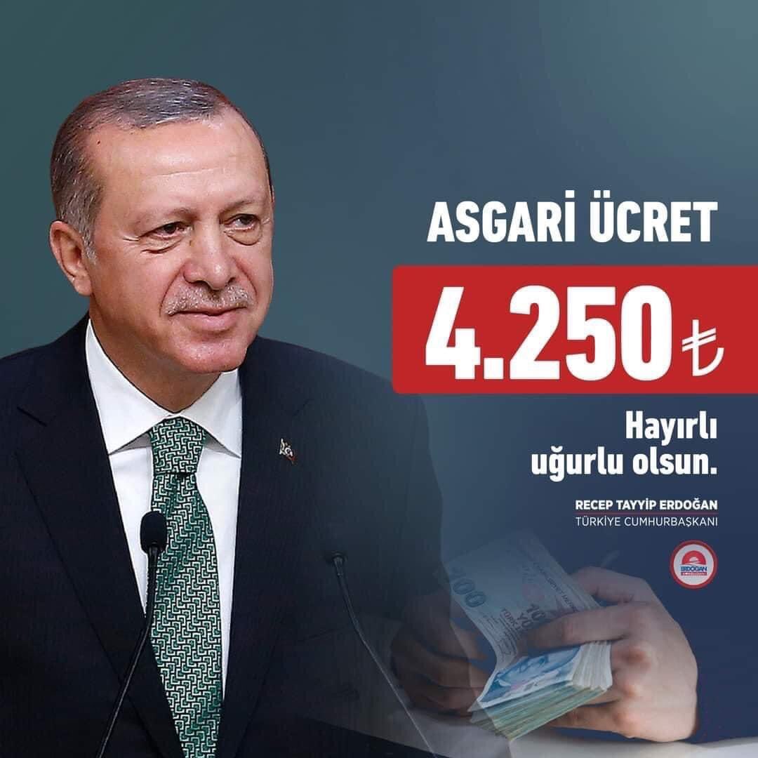 2825 TL olan Asgari Ücret %50,4 zamla 4250 TL oldu + İşverenden gelir vergisi ve Damga vergisi alınması bitti +450 TL “destek”sağlanıldı Hayırlı ve bol bereketli olsun Devletimiz, liderimiz varolsun Allah liderimizden razı olsun Başımızdan eksik etmesin #TeşekkürlerErdoğan