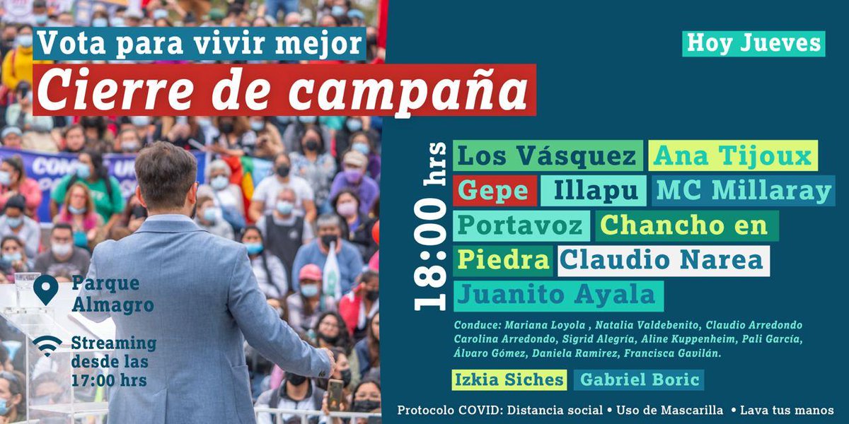 GabrielBoric's tweet photo. Nos encontrarnos hoy en el Parque Almagro, desde las 18:00 hrs! Tenemos un show para toda la familia, con grandes artistas y sorpresas. Recuerda tomar todas las medidas sanitarias 😷 y, si no puedes venir, estaremos en vivo💻en Youtube y nuestras. Te esperamos! RRSS️ #Vota1Suma1 https://t.co/Dbs8wRYHkr