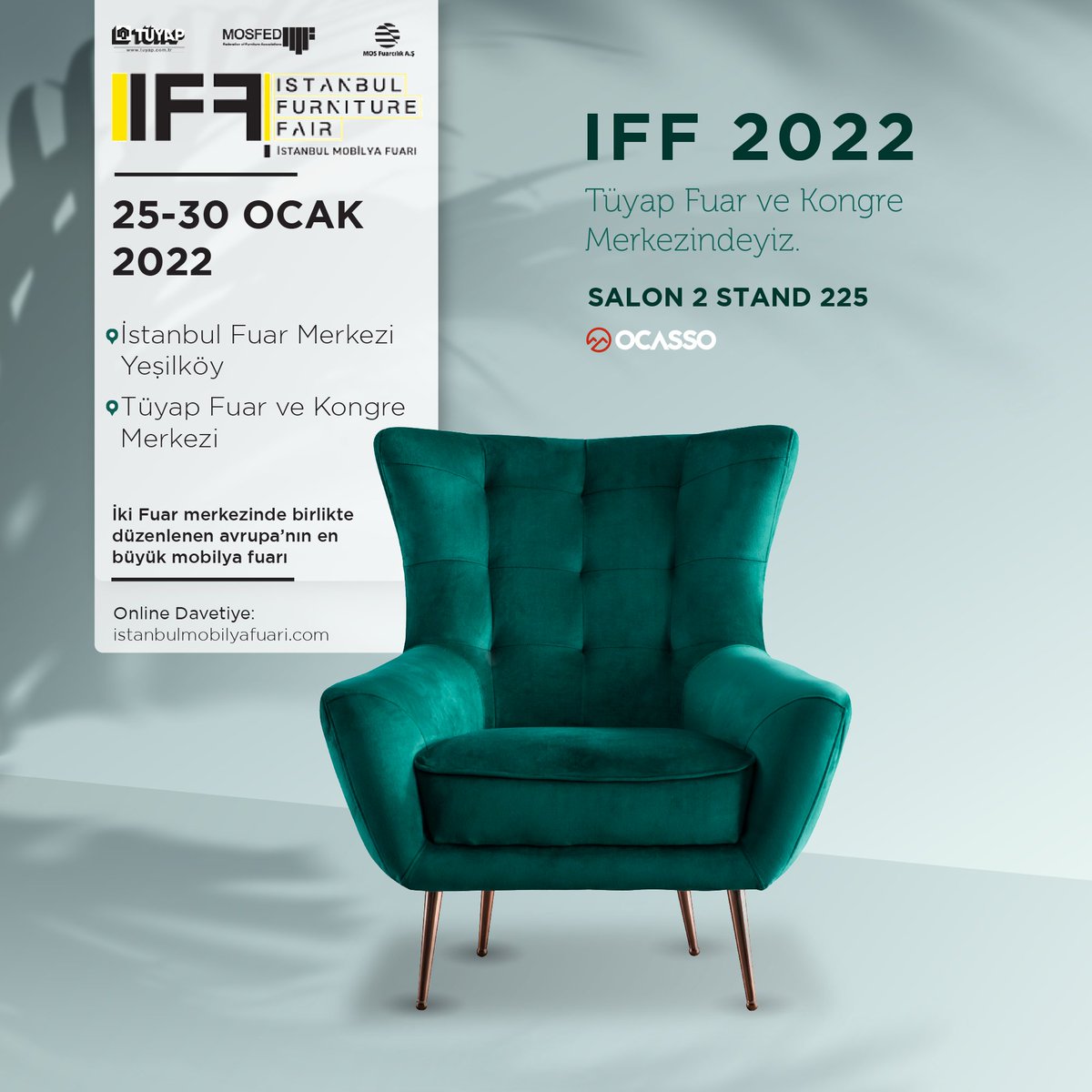 Benzersiz tasarımlarıyla Ocasso, Avrupa'nın en büyük mobilya fuarı İstanbul Furniture Fair 2022'de (IIFF2022) 25-30 Ocak 2022 tarihleri arasında Tüyap Fuar ve Kongre Merkezi'nde Salon 2 Stand 225'de sizleri bekliyor olacak.

#IIFF2022 #İstanbulmobilyafuarı #İstanbulfurniturefair