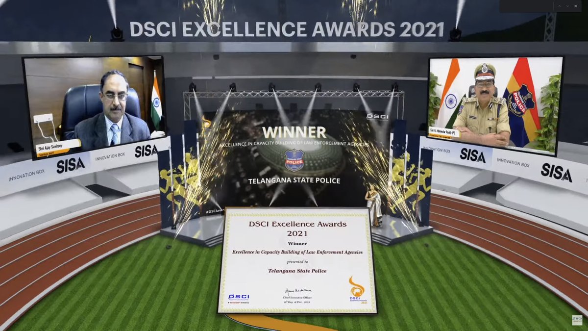 TelanganaDGP's tweet photo. One more feather added to #TSPolice Cap.
For 2021, DSCI’s (Data Security Council of India)&amp; NASSCOM Excellence Awards, #TSPolice bagged 1st position in the category of ‘Capacity building of #LawEnforcementAgencies’.
Award presented by Shri Ajay Sawhney, Sec.,MeITY, Govt of India. https://t.co/U8UP3KTH0Y