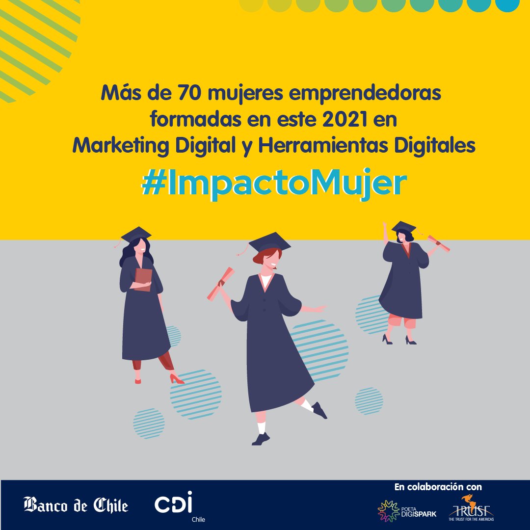 CDIChile's tweet photo. 🎓 Hoy hemos tenido la graduación de las emprendedoras que han realizado el curso de Marketing Digital. 👩‍🎓

Celebramos que más de 70 mujeres emprendedoras hoy tienen las herramientas digitales para comenzar a impulsar sus negocios.🙌

@bancodechile @Trust4Americas #POETADigiSpark https://t.co/AmPYro6f4u