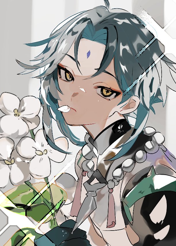 xiao (genshin impact) 1boy male focus flower solo bead necklace forehead mark jewelry  illustration images