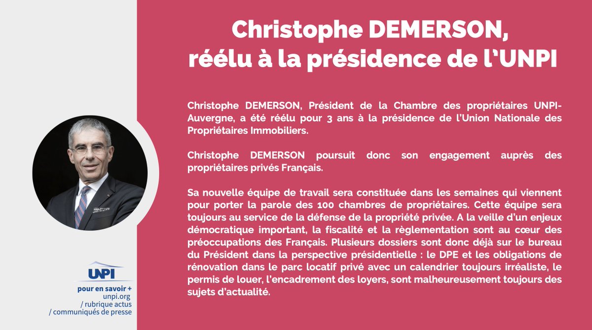 UNPI_FR's tweet photo. COMMUNIQUÉ DE PRESSE • Christophe DEMERSON, Président de la Chambre des propriétaires UNPI-Auvergne, a été réélu pour 3 ans à la présidence de l’Union Nationale des Propriétaires Immobiliers. 

▶️ Lire le communiqué de presse : https://t.co/lmOC6uNpVd https://t.co/J8yE9DYgTX