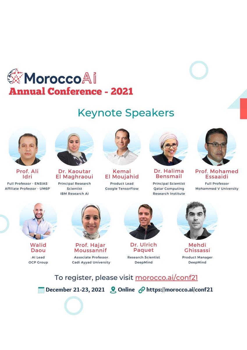MoroccoAI's tweet photo. Have you seen our amazing speakers? Don't miss your chance to attend their keynotes.
Looking forward to having you all during the conference on 𝐃𝐞𝐜𝐞𝐦𝐛𝐞𝐫 𝟐𝟏𝐬𝐭 - 𝟐𝟑𝐫𝐝.
The conference is 𝐟𝐫𝐞𝐞 but places are 𝐥𝐢𝐦𝐢𝐭𝐞𝐝.
https://t.co/UxoUBufM5T https://t.co/gSUdh81uV5