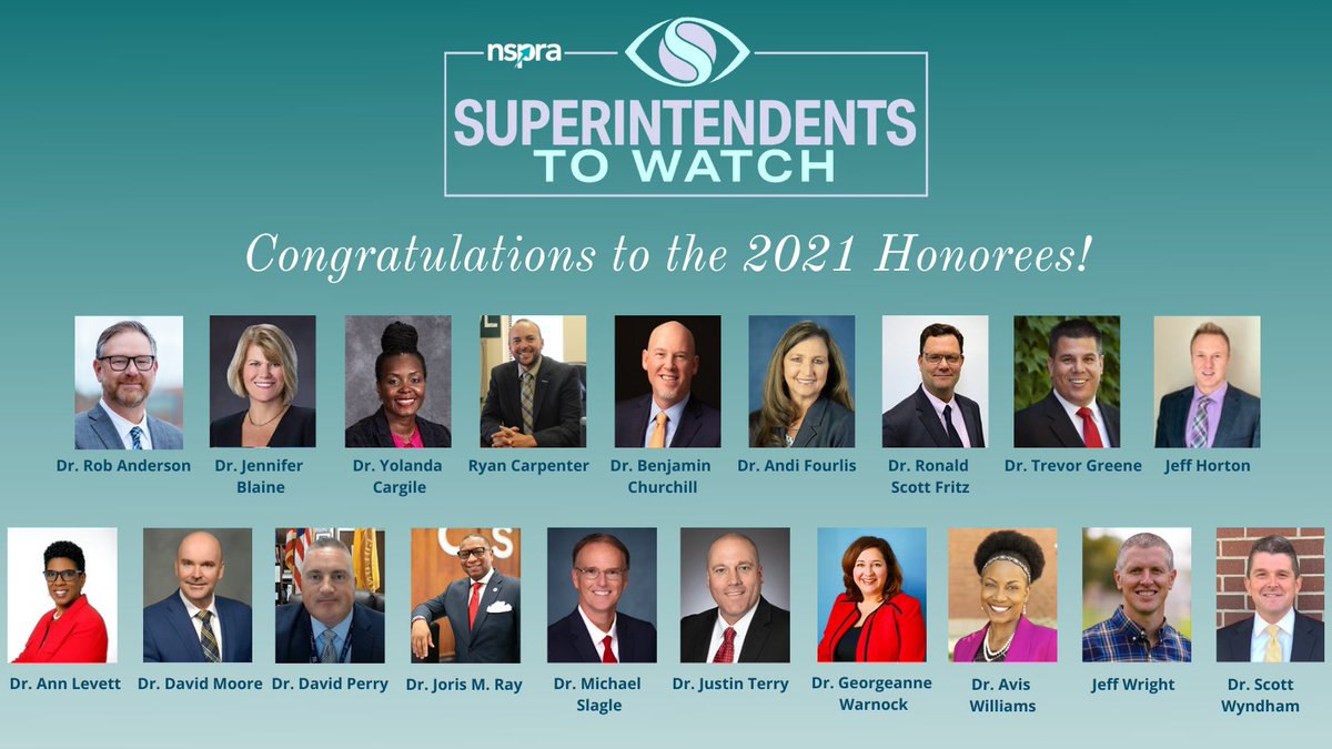 NSPRA's tweet photo. Congratulations to NSPRA's 2021 Superintendents to Watch!

This annual award recognizes district leaders nationwide with fewer than five years of experience as a superintendent who demonstrate dynamic leadership with strong communication at its core. https://t.co/IBPGu9SD9p https://t.co/Gle2Ubf2TP