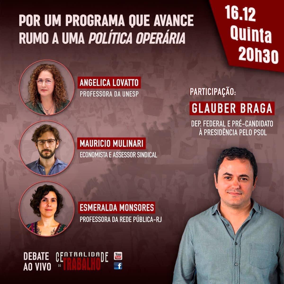 Debate ao vivo hoje 20:30 com Glauber Braga, pré-candidato do PSOL à presidência da república. Hoje a Centralidade do Trabalho promove essa live. 
Venha participar e faça seu comentário, sua pergunta. 
youtube.com/watch?v=dVUhym…