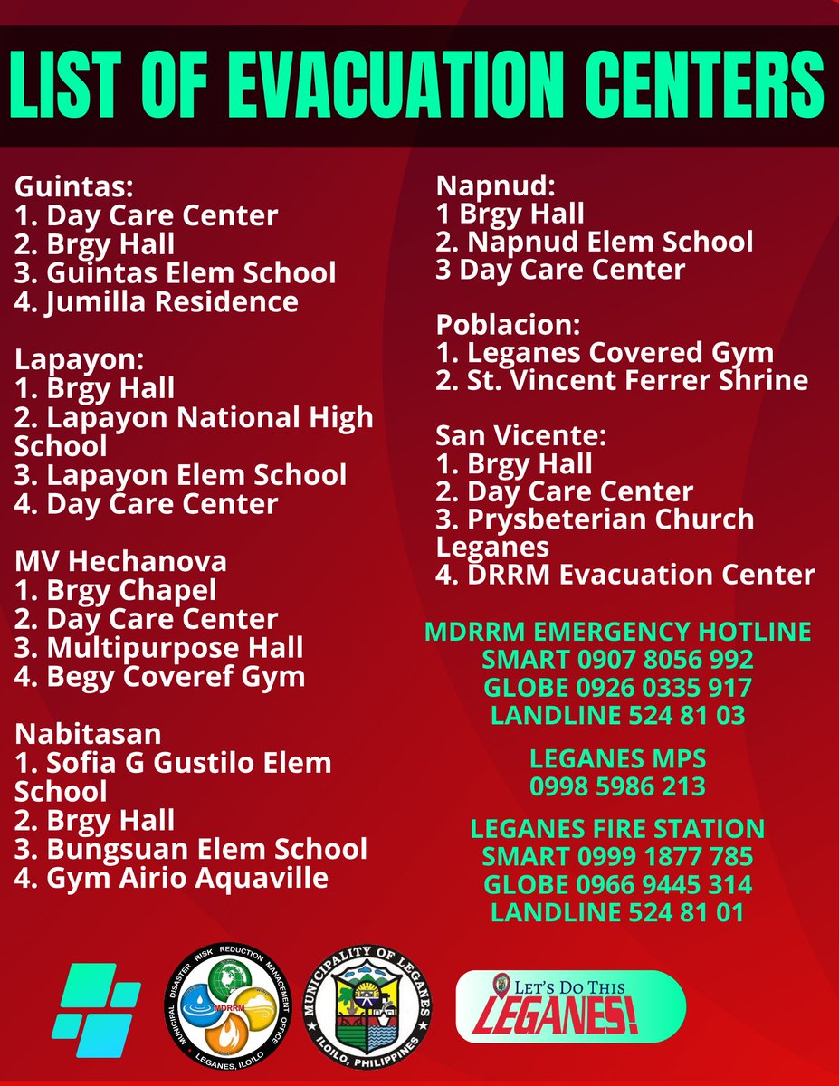 LOOK: List of evacuation centers and Municipal DRRM hotlines in Leganes, Iloilo. #OdettePH <a href="/rapplerdotcom/">Rappler</a> 

📸 Leganes Mayor Jun-jun Jaen/FB