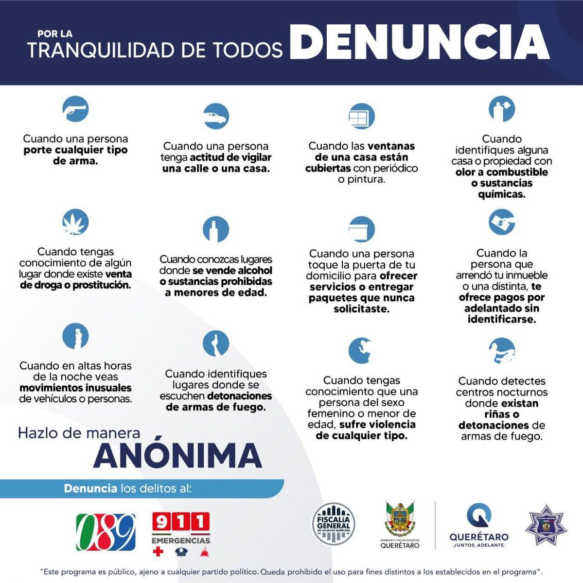 fiscaliaqro's tweet photo. Conoce 12 acciones sospechosas que pueden quitarte tu tranquilidad. Si conoces o eres testigo de alguno de estos comportamientos ¡Denuncia! Hazlo por ti, hazlo por tu familia, marcando al número único de emergencias 911 o de manera anónima al 089. https://t.co/B9Qjz9yn7L