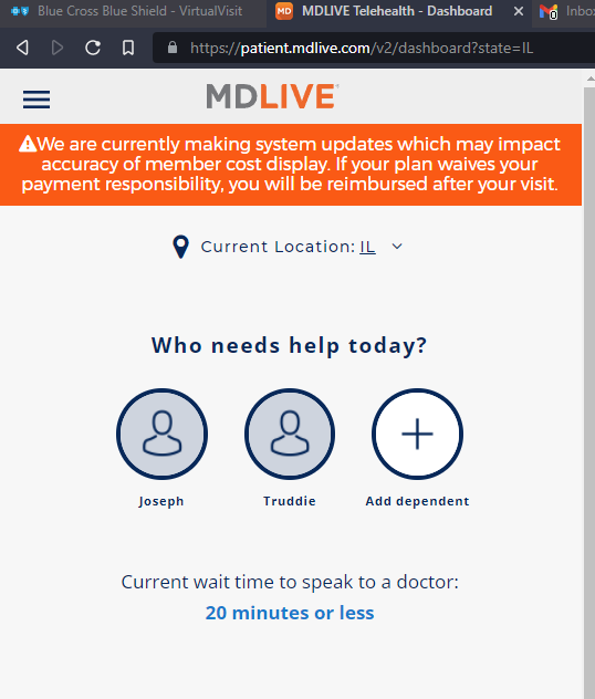 joehahn's tweet photo. our #1 concern, next to staying alive, is the cost of healthcare. This banner is the first thing we see when logging in? Also, where did the $0 copay go for @MDLIVEInc @BCBSIL ? It just never ends. Every step of the way has some discrepancy or obstacle, and we don't have a choice https://t.co/jOMvofJZz9