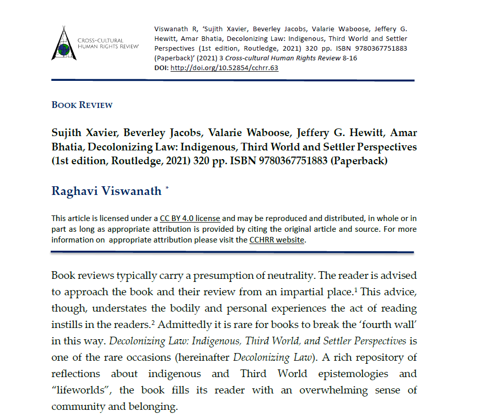CCHRReview's tweet photo. 🗣️🗣️JUST PUBLISHED #BookReview by @raghavi_vis on the book '#Decolonizing Law: #INDIGENOUS, #ThirdWorld and Settler Perspectives’ 

➡️Read now https://t.co/WByjn75YZs 

#OpenAccess #AcademicJournal #International Law #DecolonizingLaw #TWAIL https://t.co/NbKh0OuYC3
