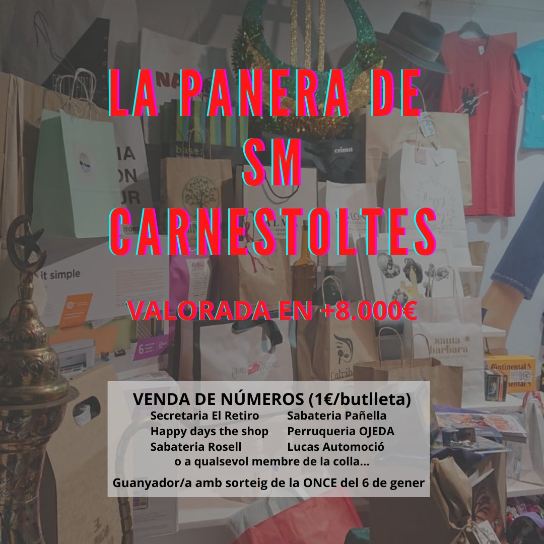 🎁LA PANERA DE SM CARNESTOLTES🎁
Ja podeu obtenir números per la panera valorada en +8000€🤑 per 1€/butlleta!
🎰Es sortejarà el dia 6 de gener amb la ONCE.
#sitgescarnaval22